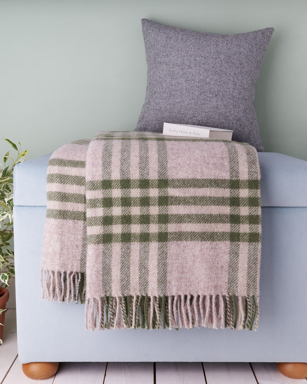 Tweedmill hex check olive wool blanket throw