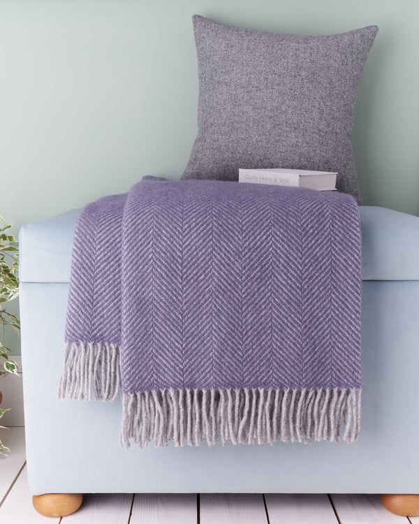 Tweedmill lavender and silver grey herringbone wool blanket throw