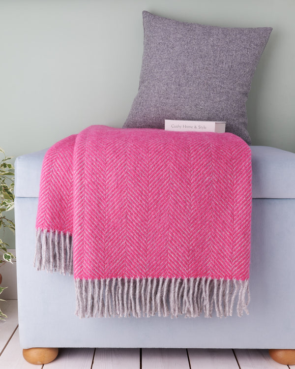 Tweedmill Pink & Silver Herringbone Wool Blanket Throw