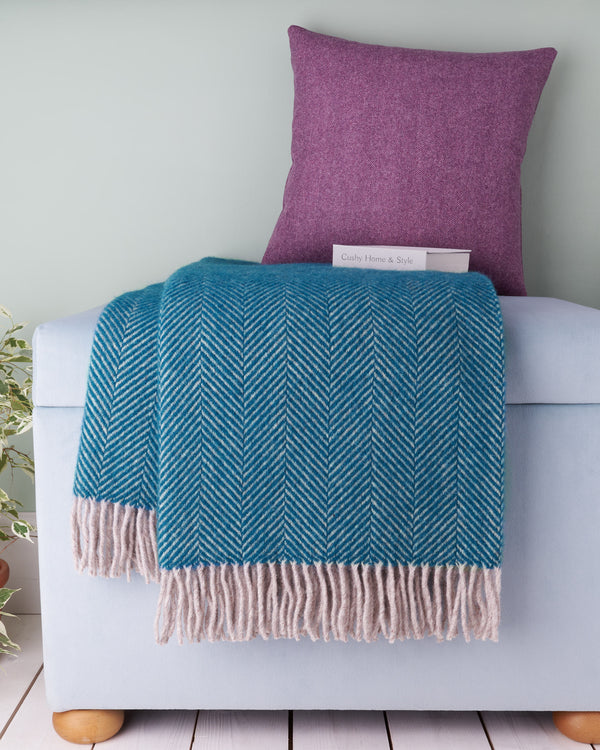 Tweedmill Teal & Hazel Herringbone Wool Blanket Throw