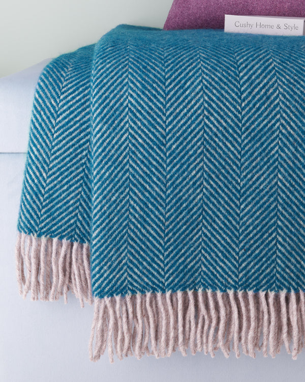 Tweedmill Teal & Hazel Herringbone Wool Blanket Throw