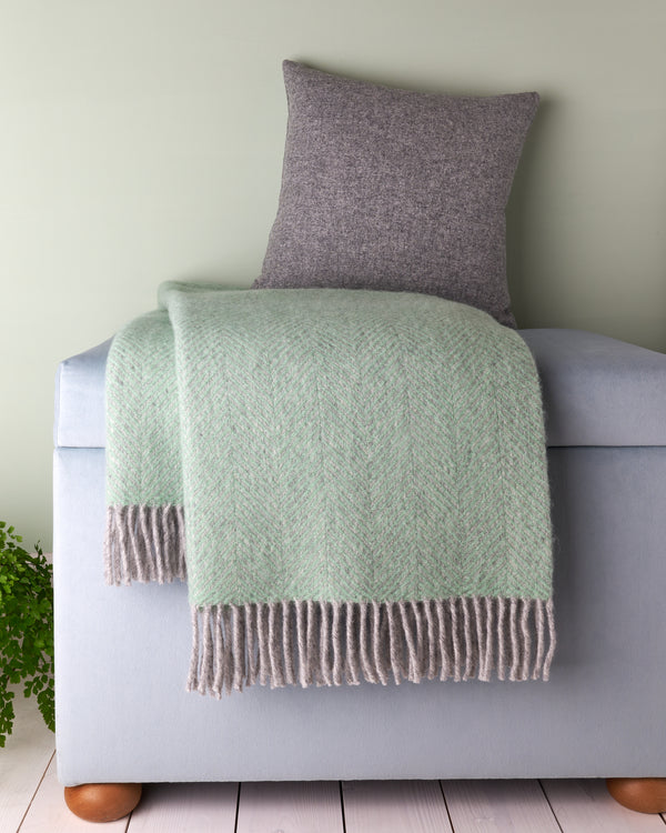 Tweedmill Laurel Green & Silver Grey Herringbone Wool Blanket Throw