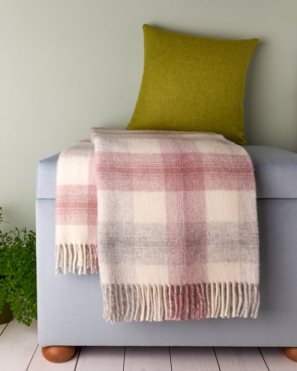 Tweedmill meadow check dusky pink wool blanket throw